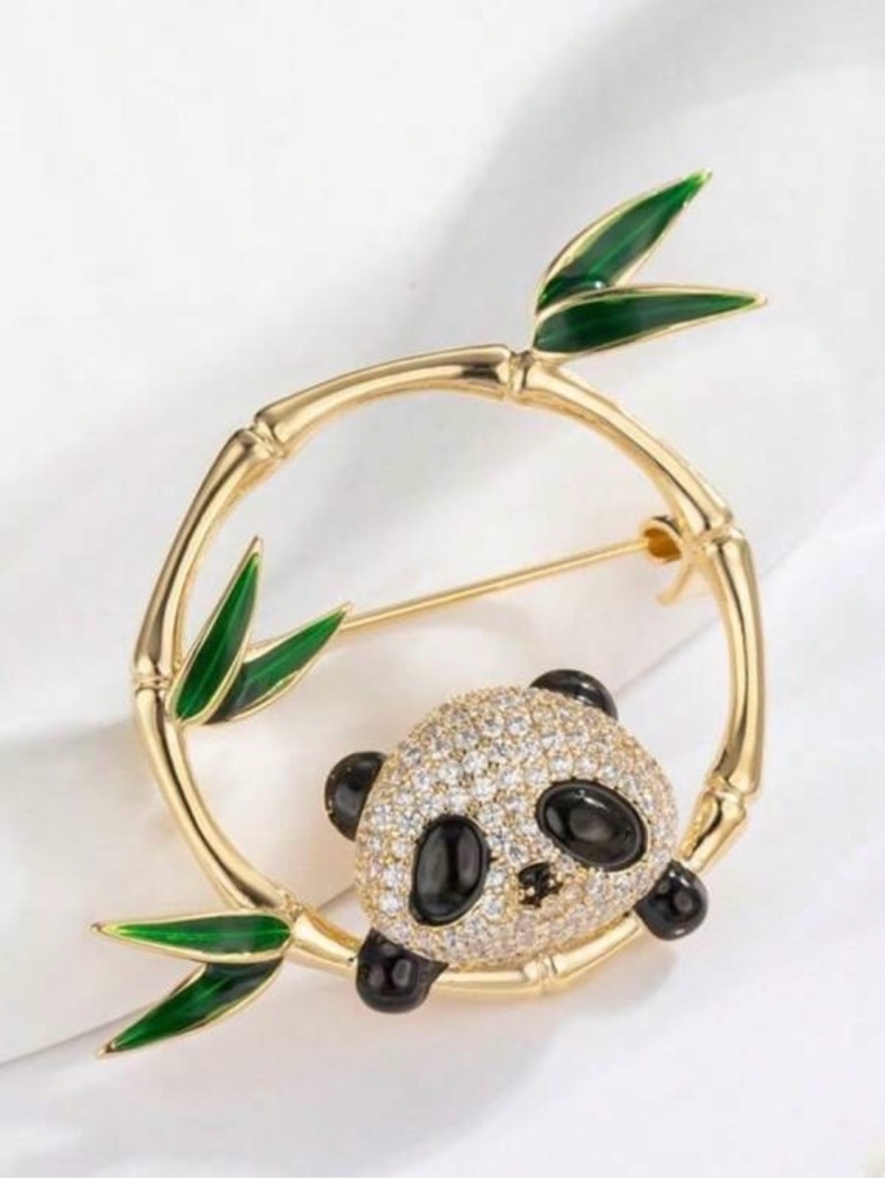 Cute Gold Panda Brooch with Green Enamel Bamboo Accent